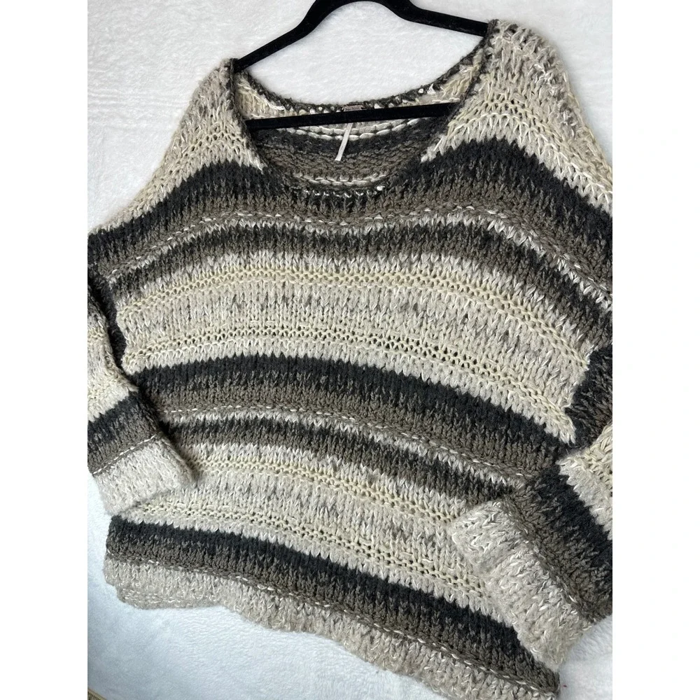Free People Striped Sweater Womens Medium Grey Oversized Chunky Knit Pullover